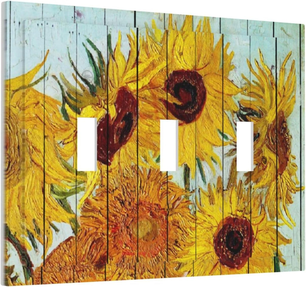 Decorative Switch Plates Sunflowers Oil Paintings Wood Floral 3 Gang Wall Plate Triple Toggle Light Switch Cover Faceplate Electrical Wall Panels For Farmhouse Bed Room Decor