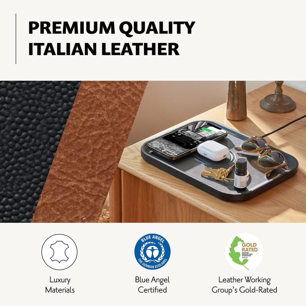 Courant MAG:3 Classics Charger and Tray - Italian Leather, Multi-Device Charger Compatible with MagSafe iPhones 16, 15, 14, 13, 12 or Wireless AirPod Cases (Black)
