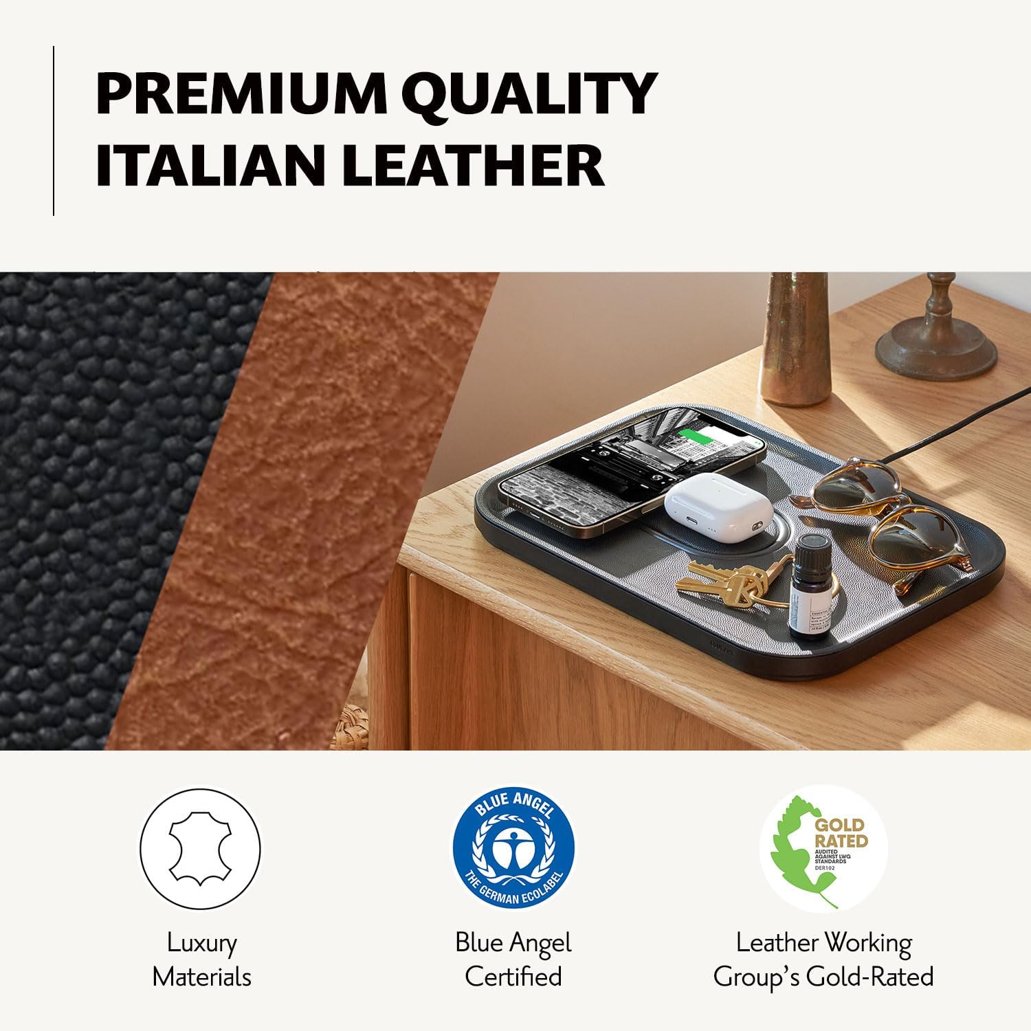 Courant MAG:3 Classics Charger and Tray - Italian Leather, Multi-Device Charger Compatible with MagSafe iPhones 16, 15, 14, 13, 12 or Wireless AirPod Cases (Black)