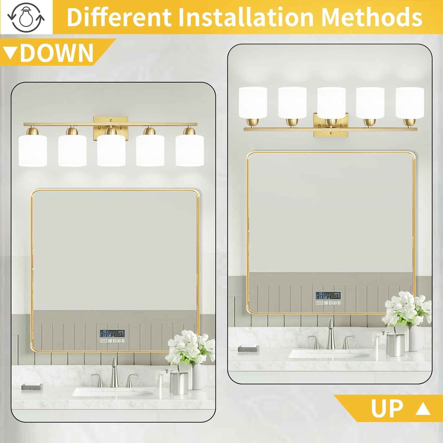 6 Light Gold Bathroom Vanity Light for Large Mirror, Gold Vanity Lights for Bathroom with Milky White Frosted Glass Shades, 38 inch Wall Lamp for Mirrors Living Room E26 Base