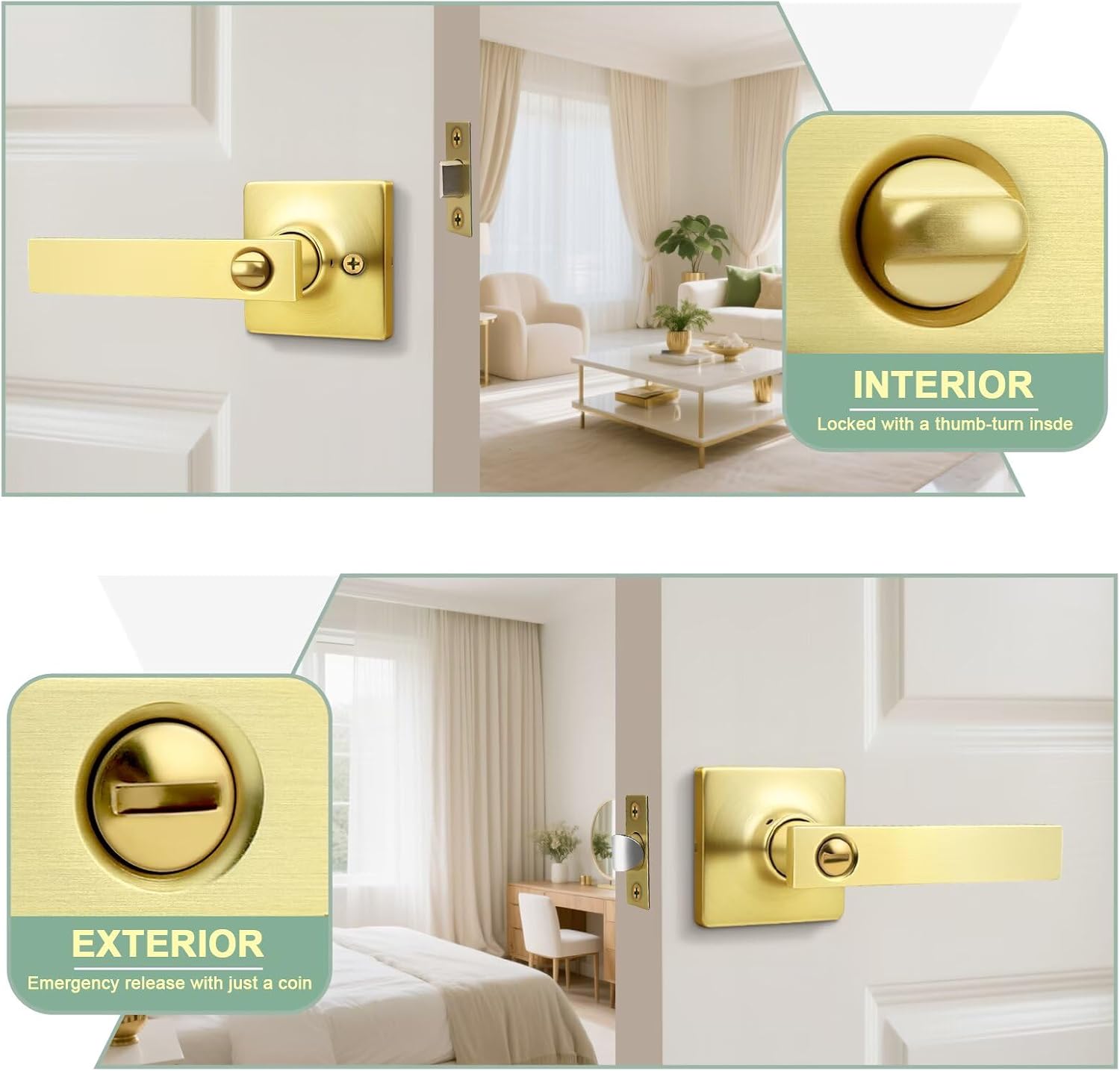 GOBEKOR 2 Pack Gold Door Handles Interior,Heavy Duty Privacy Door Levers with Lock,Sleek Round Interior Door Handles for Bedroom and Bathroom with No Key