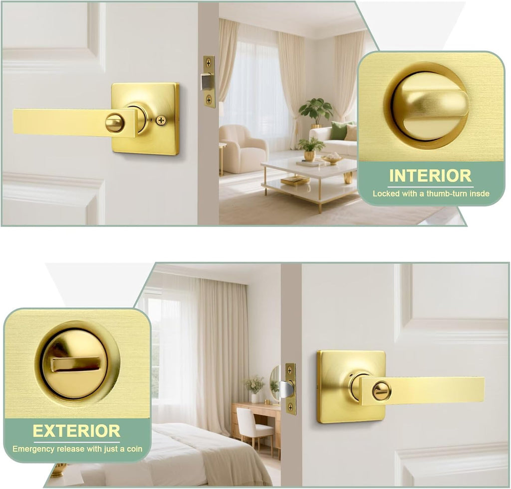 GOBEKOR 6 Pack Gold Door Handles Interior,Heavy Duty Privacy Door Levers with Lock,Sleek Round Interior Door Handles for Bedroom and Bathroom with No Key