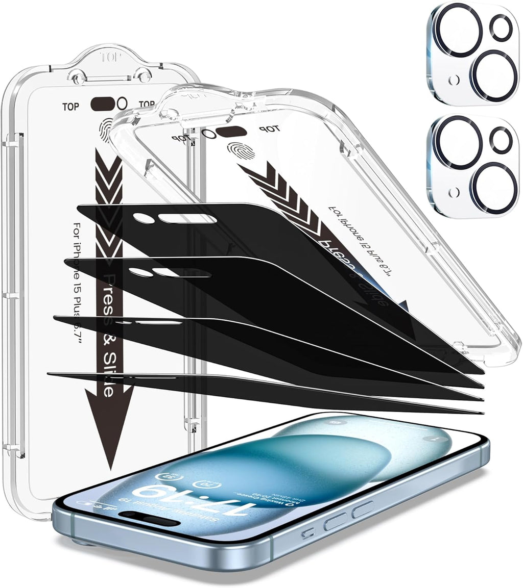 EZ-GLAZ- 4 Pack for iPhone 15 Plus Privacy Screen Protector [6.3"] With 2 Pack Camera Lens Protector, 9H+ Hardness 12FT Military Grade Shatterproof Scratch Resistant Durable Tempered Glass Film with Flawless Fit Kit
