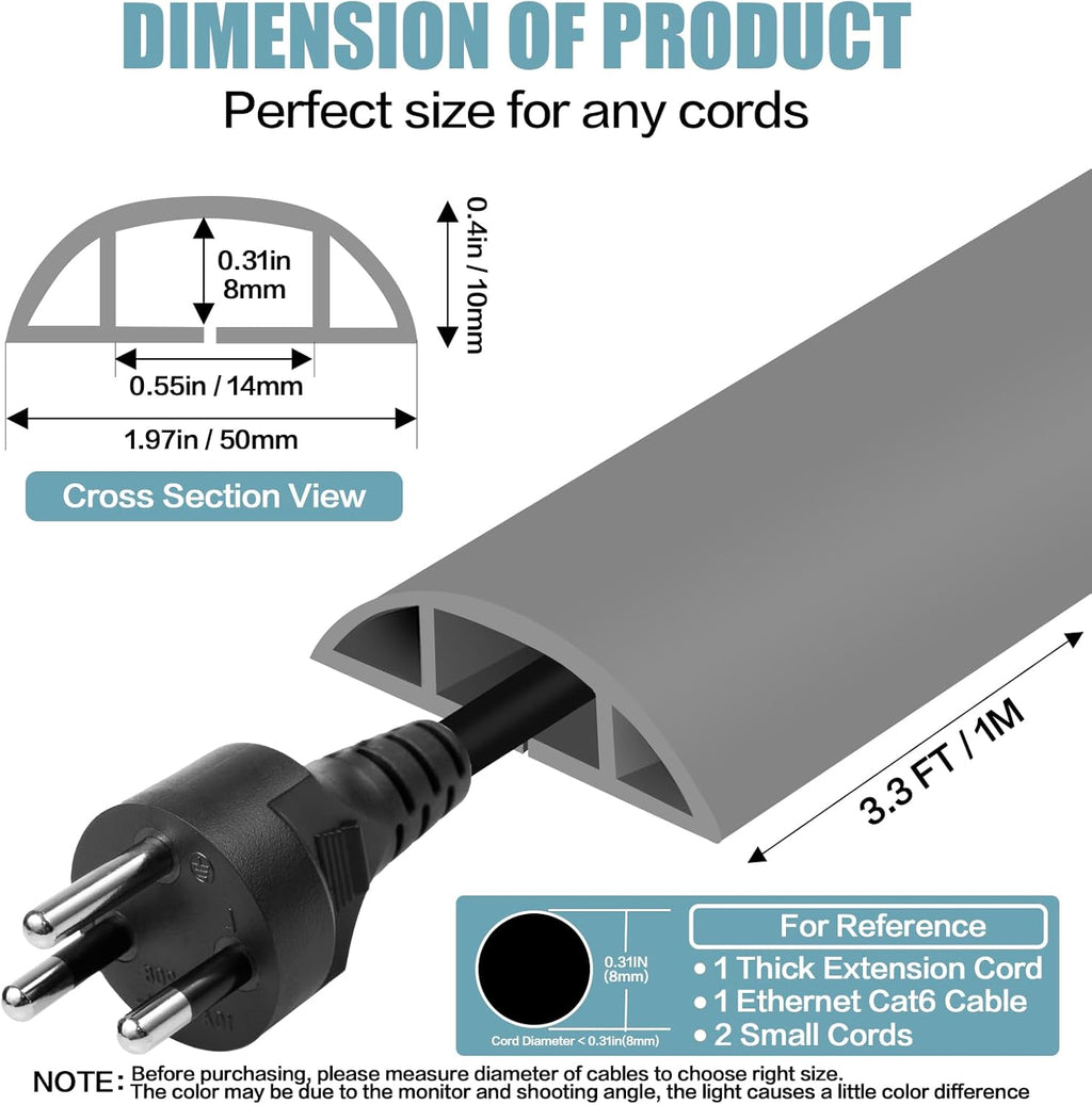Floor Cord Cover Self Adhesive Cord Hider,3.3FT Cable Management, Extension Strip Protector for Wires, Prevent Cable Trips for Offices, Gyms, Exhibitions Cavity:0.47"(W) x 0.35"(H) Gray