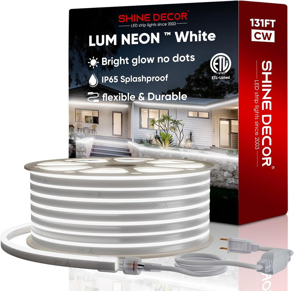 Shine Decor LED Neon Rope Lights AC 120V, Expandable & Cuttable 120LEDs/M Bright Strip Lighting, ETL Cold-Resistant & IP65 Waterproof for Indoor Outdoor, 8x16mm, 6300K Cool White, 131.2ft