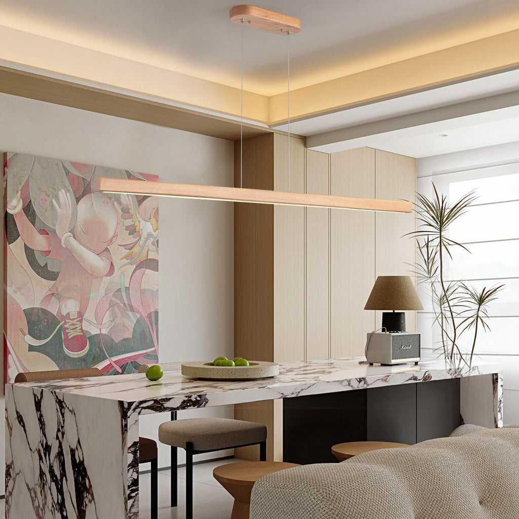 71" 40W Wood Linear Pendant Light Fixture Led Dining Room Light Dimmable Hanging Light Fixture for Kitchen Island Dining Room Pool Table Lights Natural
