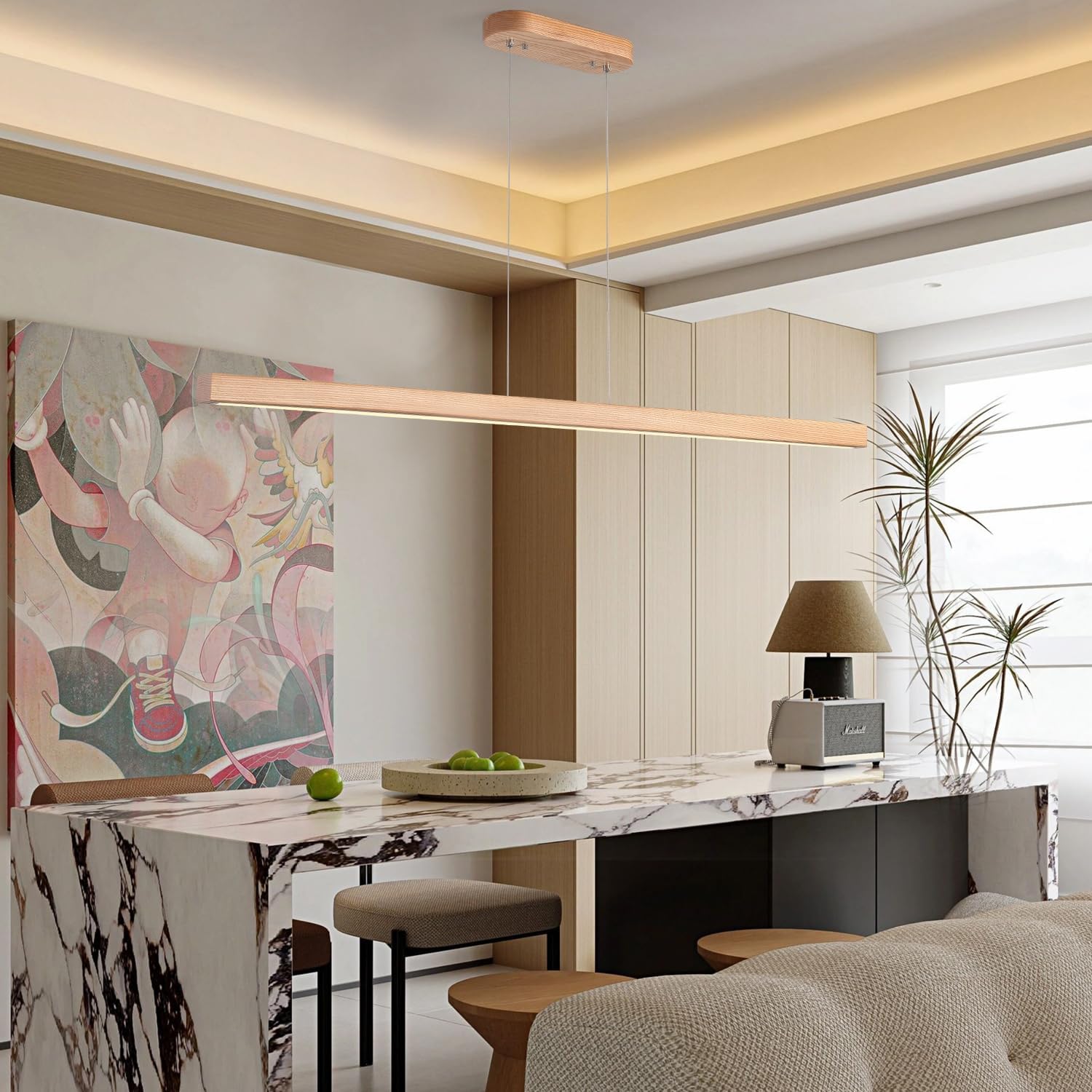 71" 40W Wood Linear Pendant Light Fixture Led Dining Room Light Dimmable Hanging Light Fixture for Kitchen Island Dining Room Pool Table Lights Natural