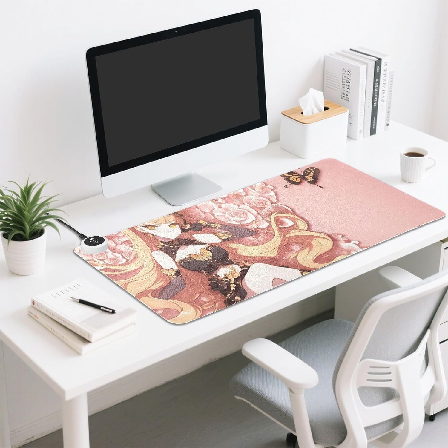 Large Heated Mouse Pad,Leather Desk Mat,31.5"x13",Hand Warmer Pads for Desk,Girl Butterfly(Glod Pink)