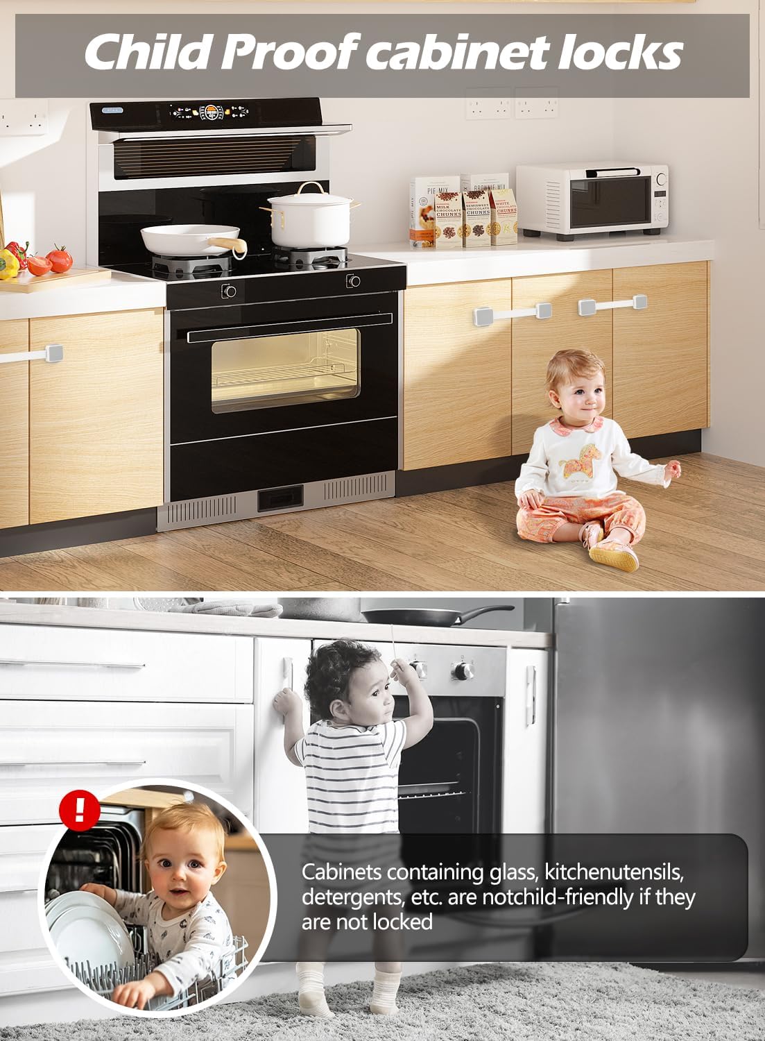 6 Pack Baby Proofing Safety Locks Child Safe for Cabinet Drawer Fridge Oven Dishwasher Doors, Toilet Seat & Lid, Adjustable Furniture Latches and Straps, 3M Adhesive No Drilling Button,Unlock Design