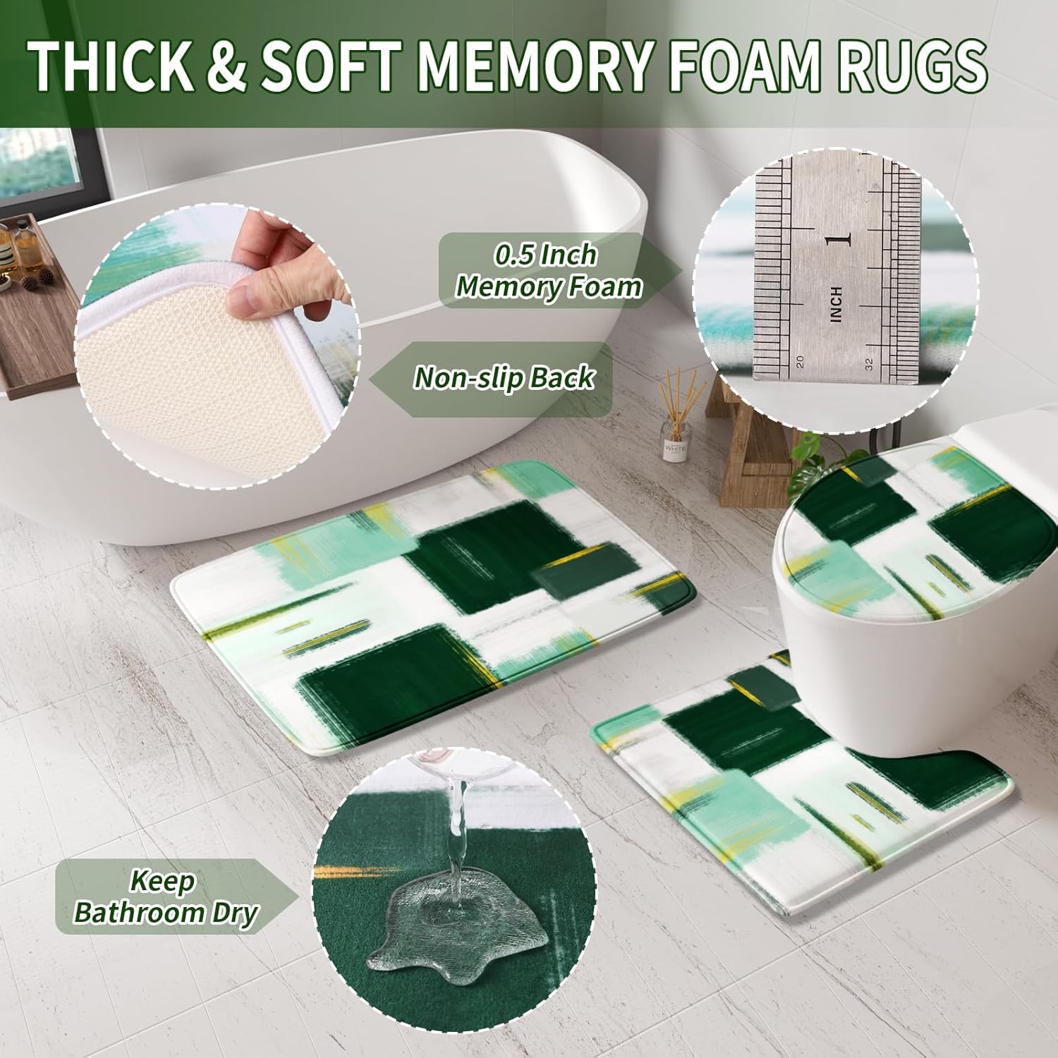 Bathroom Accessories Set - 25PC Bathroom Set with Shower Curtain and Rugs, Green Bathroom Set, Bathroom Accessory Set with Press-on Lid Trash Can, Soap Dispenser and Qtip Holders