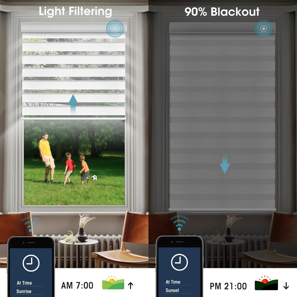 SmartWings Motorized Zebra Shades with Valance Work with Homekit Thread Alexa Smart Dual Layer Shades with Remote Control, Automatic Horizontal Window Blind, 90% Blackout 95mm Astrid Greyish White