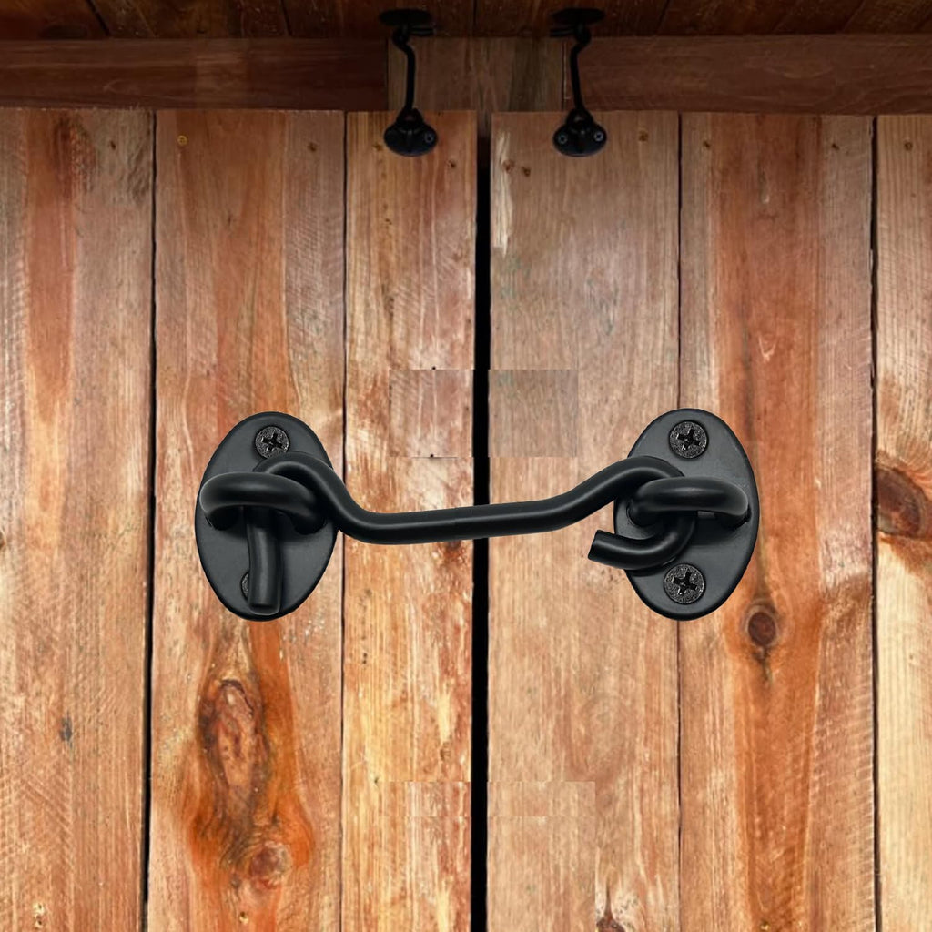 4 Pack 4" Hook and Eye Gate Latch, Stainless Steel Rust-Resistant Barn Door Lock Cabin Hooks for Gate Shutters Window Slide Barn Shed Cabinet Bathroom, with 16pcs Screw,Black