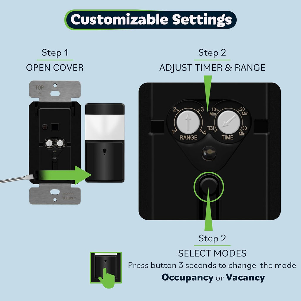 TOPGREENER PIR Motion Sensor Switch, Ambient Light Level Detector, No Neutral Required, 5A, 150W LED/CFL, 1/6 HP, Occupancy Vacancy Modes, Ground Wire Required, Single Pole, TDOS5-JM, Black