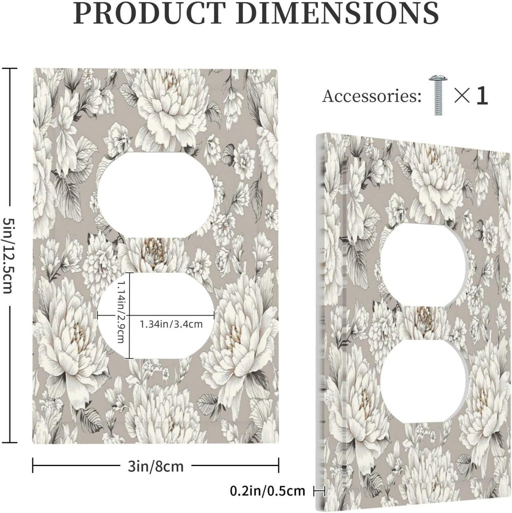 White Poppies Floral Modern Grey Peonies Flowers Outlet Covers 1 Gang Duplex Light Switch Cover Wall Plate Decorative Switch Plates Electrical Receptacle Faceplate for Bedroom Bathroom
