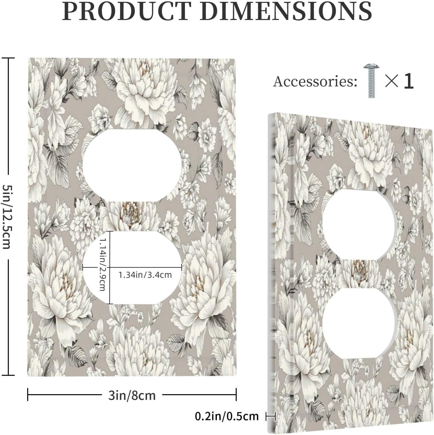 White Poppies Floral Modern Grey Peonies Flowers Outlet Covers 1 Gang Duplex Light Switch Cover Wall Plate Decorative Switch Plates Electrical Receptacle Faceplate for Bedroom Bathroom