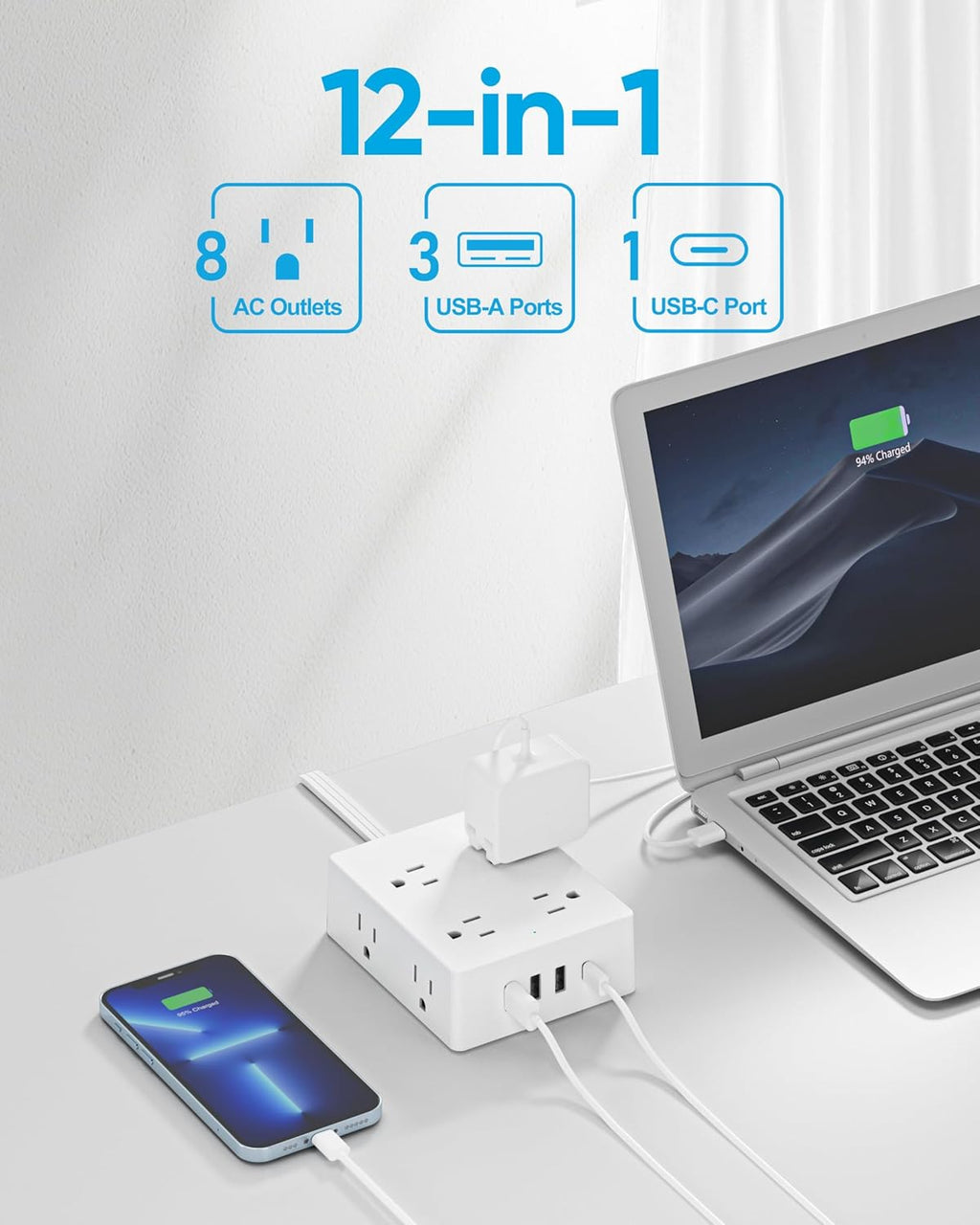 Surge Protector Power Strip, Olcorife 20ft Long Extension Cord with 8 Outlets 4 USB Ports(1 USB C), Flat Wall Plug Outlet Extender, College Dorm Room Essentials, White