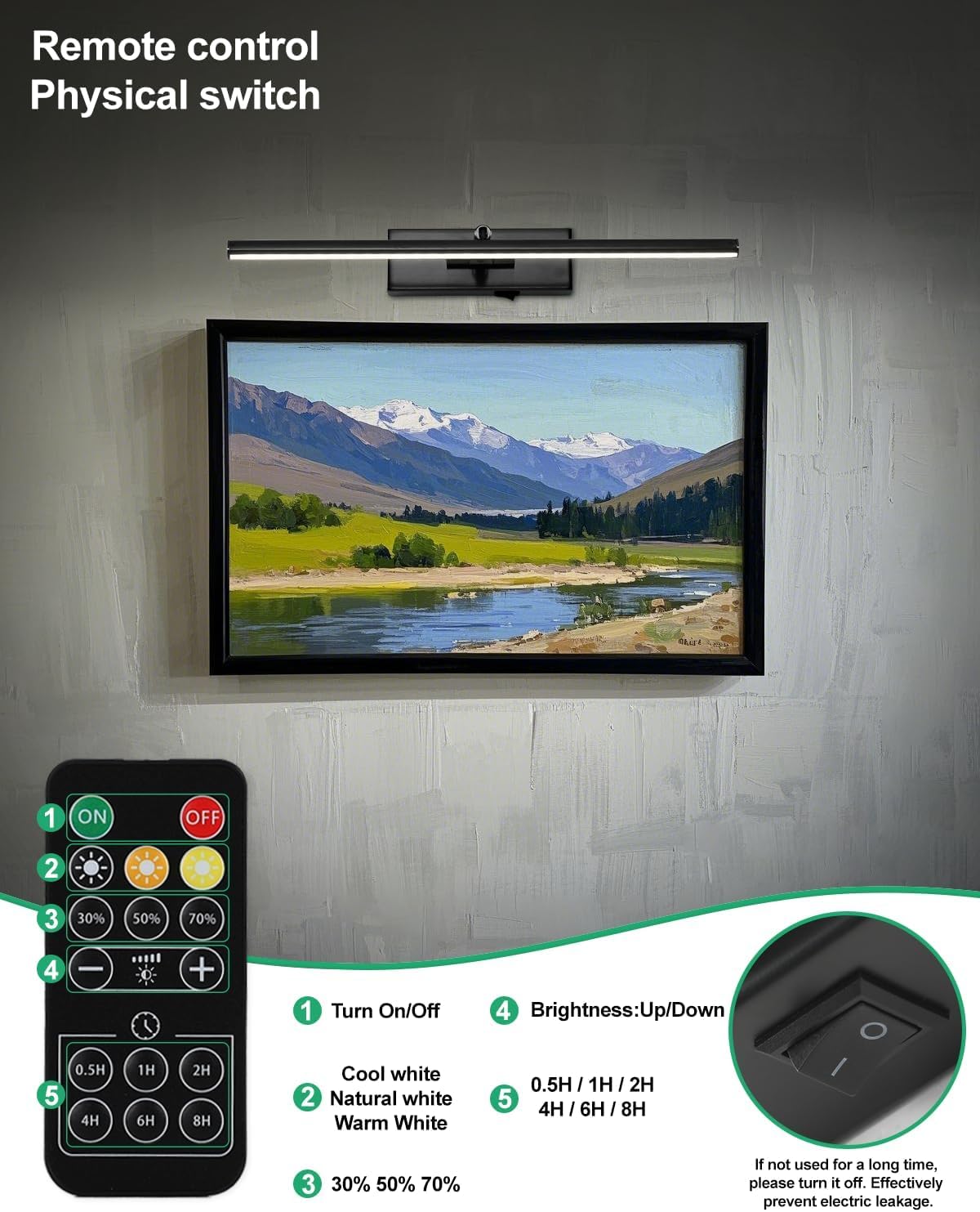 Battery Operated Picture Light with Wireless Remote 3CCT Dimmable Black Wall Art Lights for Paintings Rechargeable Home Decor Gallery Light 20'' Artwork Lighting for Canvas Timer Function