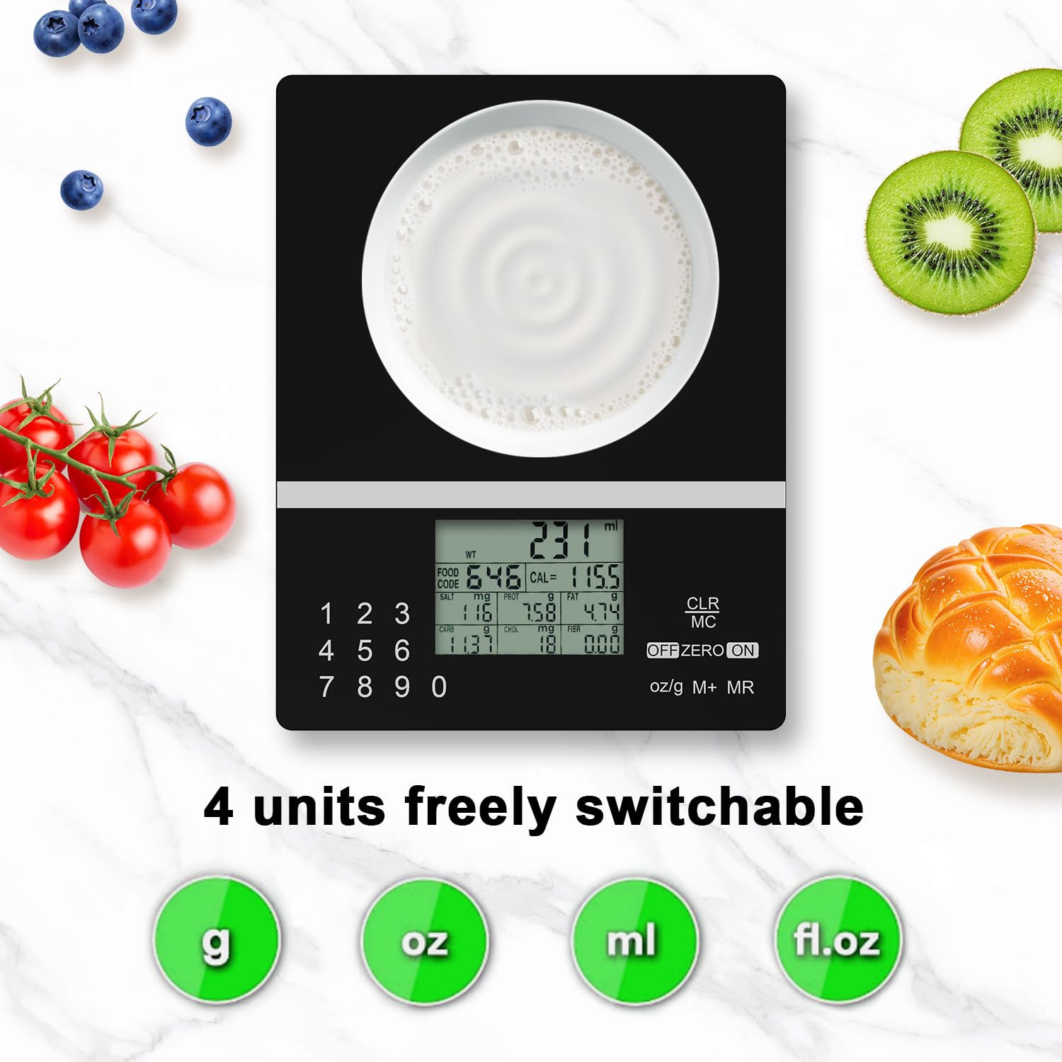 5000g Smart Nutrition Scale, Kitchen Scale with Food Code, Food Scale for Meal Prep, Portion Control, Baking, Weight Loss, 4 Units, Tare Function, Batteries Included