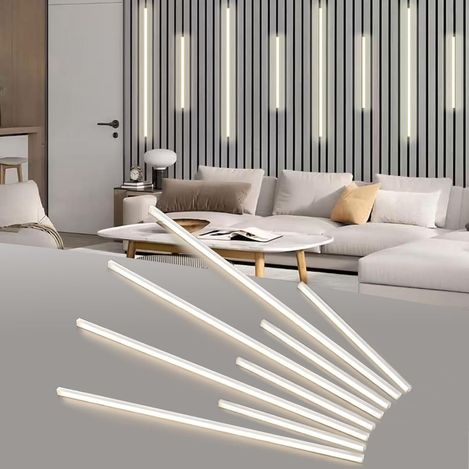 Besseto LED Wall Panel Light,Wood Slat Wall Panel LED Strip Light,3000K Touchable Switch Dimmable LED Aluminum Channel Light for Living Room Bedroom Bathroom Stairs (Silver-8PCS)