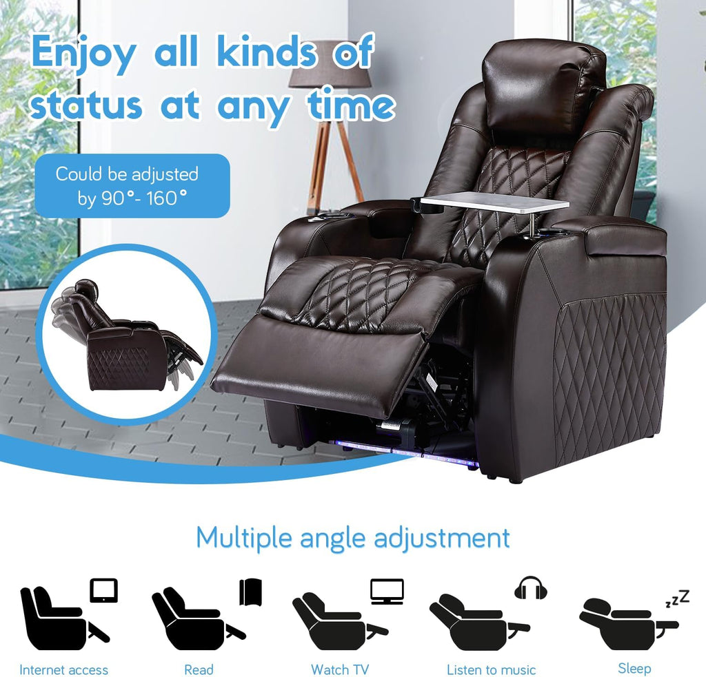 Weilianda Home Theater Seating Top Grain Leather Zero Gravity Recliner Chair Power Headrest Recline Movie Seat Gaming 7 Colors Mood Light Sofa with Tray Table USB Charge Row of 4 Loveseat Middle Brown