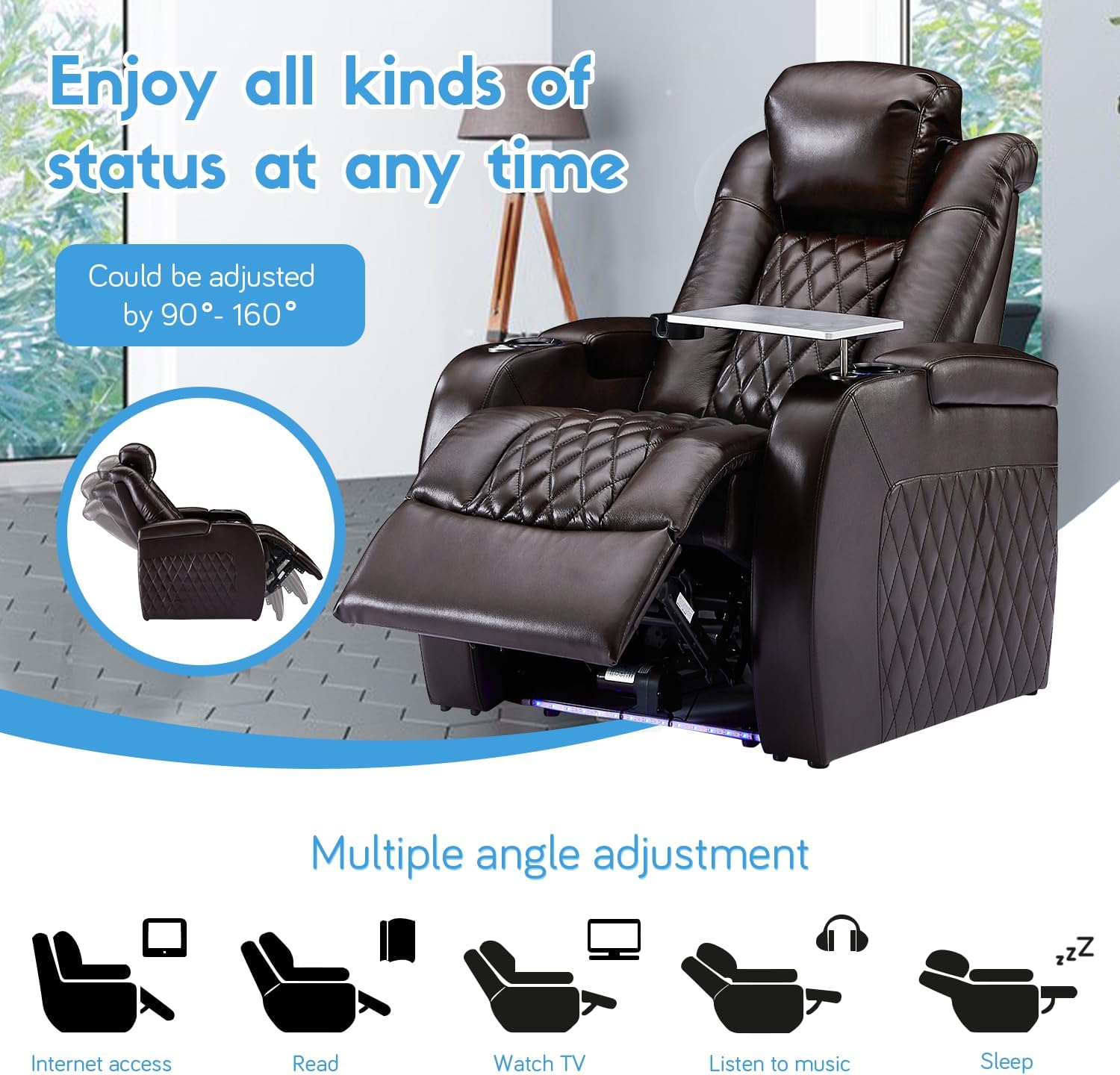 Weilianda Home Theater Seating Top Grain Leather Zero Gravity Recliner Chair Power Headrest Recline Movie Seat Gaming 7 Colors Mood Light Sofa with Tray Table USB Charge Row of 4 Loveseat Middle Brown