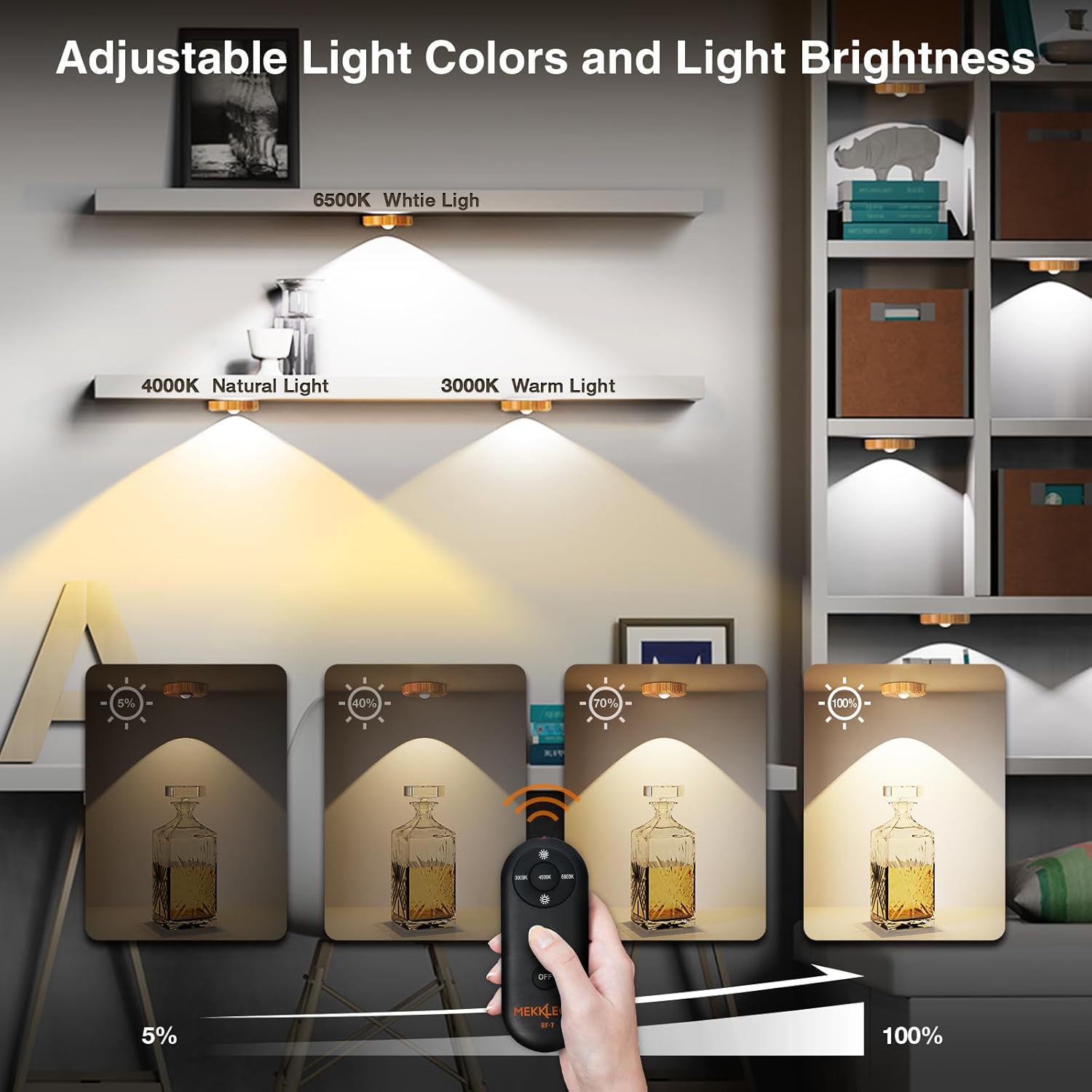 Puck Lights Cordless with Remote Control, 2200mAh Rechargeable Under Counter Lighting,3 Color Temperatures Dimmable Under Cabinet,Closet Light,Tap Light for Hallway (Wood, 5PCS)