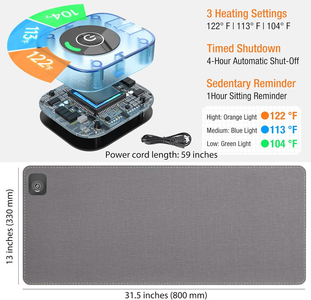 Onlytop Heated Desk Pad & Mouse Pad – Adjustable Temp & Auto Shut-Off, Large Waterproof Leather Warm Desk Mat with Non-Slip Base for Cold Office Winter Use (Gray, 31.5" x 13")
