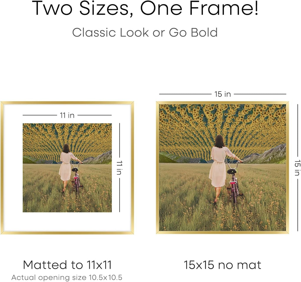 Homeforia 15x15 Picture Frame Gold, High End Metal 15 x 15 Square Poster Frame with Mat 11 x 11 Photo, 15x15 Frame Matted to 11x11 Print, 15by15 Gold Hanging Frames, Tempered Glass, Wall Kit, Set of 3