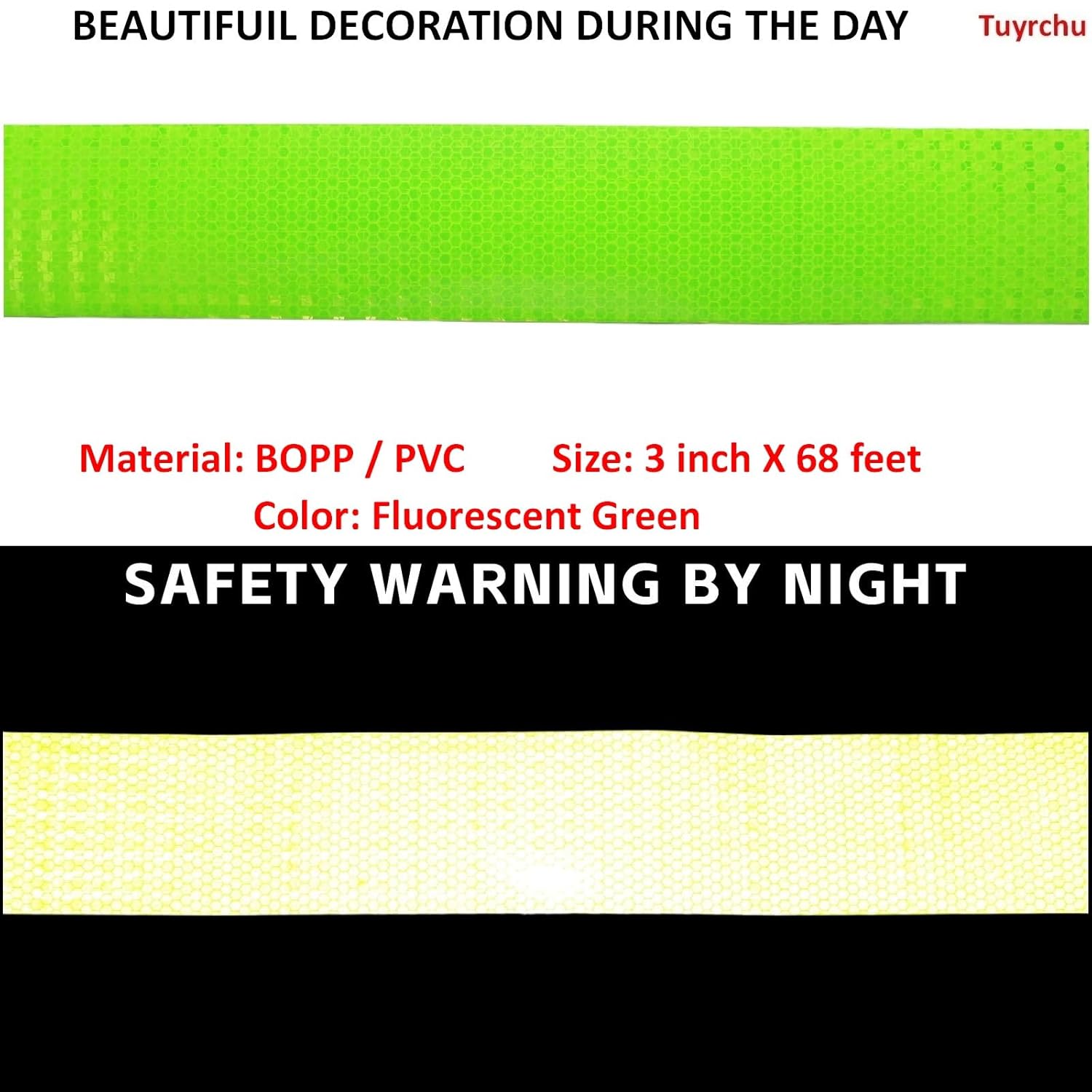 Fluorescent Green Reflective Tape Outdoor Waterproof 3 inch Wide, High Visibility Warning Industrial Marking Tape, Safety Stickers (68 feet)