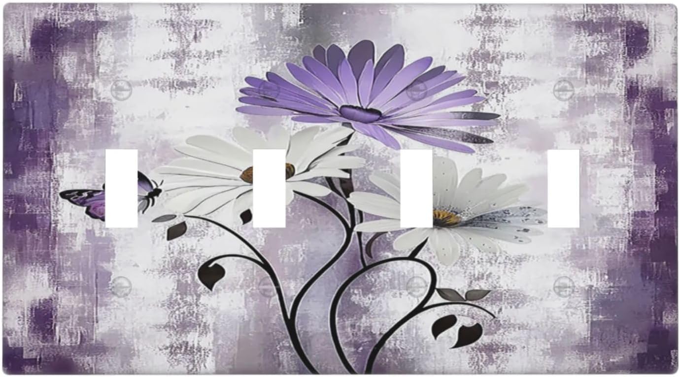 Light Switch Cover Plate Purple Daisy White Floral Butterfly Flowers Quad Toggle Wall Plates Decorative Switch Plates 4 Gang Outlet Covers Electrical Panel Cover Faceplate for Home Decor 4.5 X 8 IN