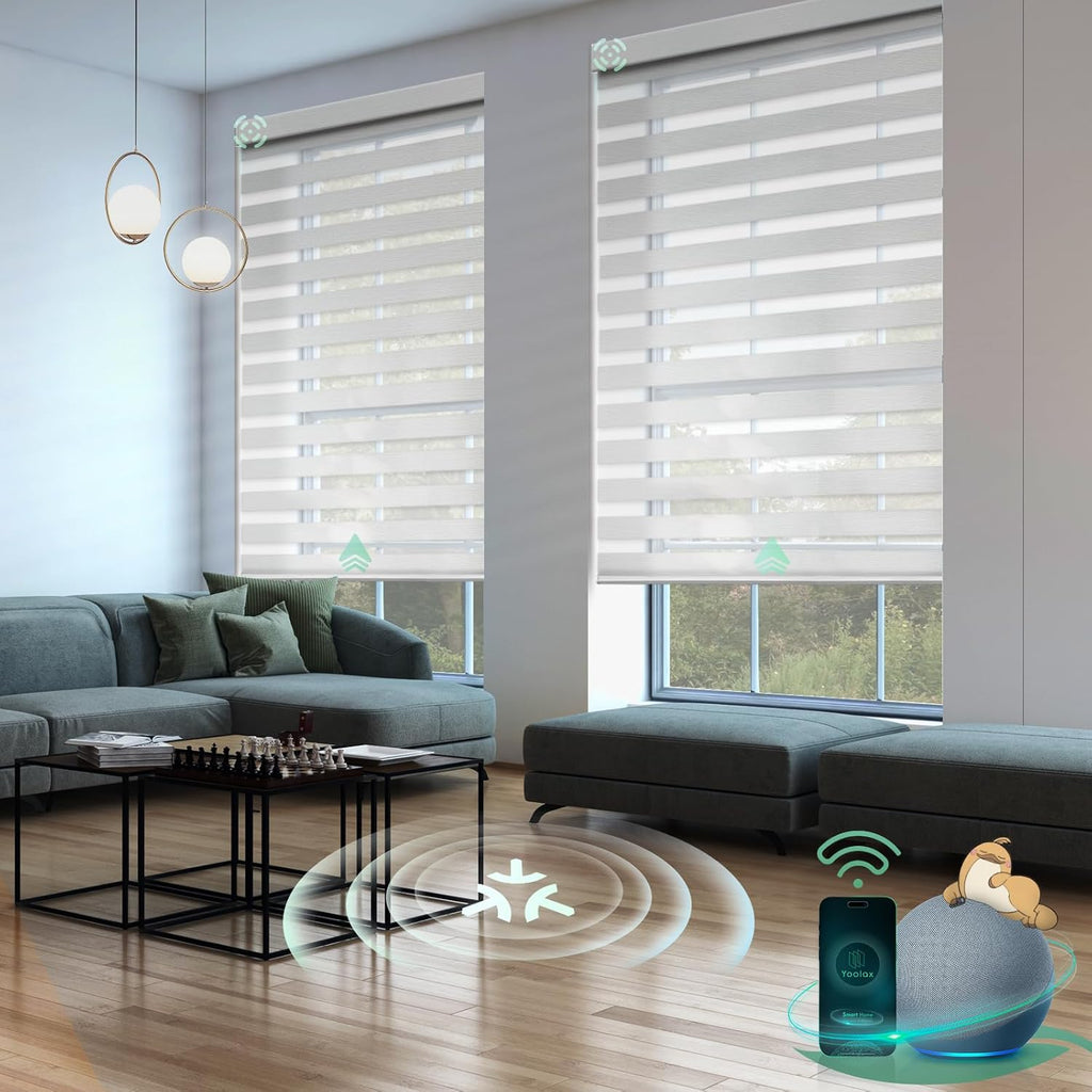 Yoolax Motorized Matter Zebra Blinds Compatible with Alexa, Google Home, Apple HomeKit, Light Filtering Dual Layer Sheer Blinds, Privacy Light Control Horizontal Window Blind (70% Jacquard White)