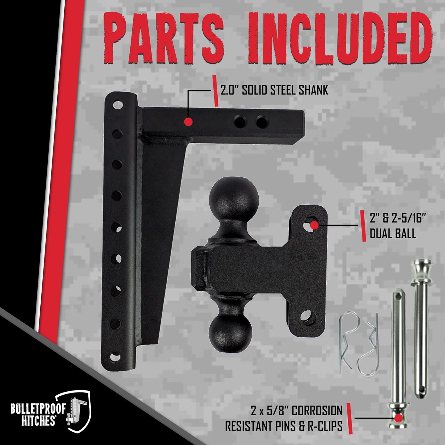 BulletProof Hitches - 2.0" Adjustable Heavy Duty Trailer Hitch (22,000 lb. Rating) - 12" Drop/Rise Trailer Hitch with 2" & 2-5/16" Dual Ball - Powder Coat, Solid Steel, Corrosion-Resistant