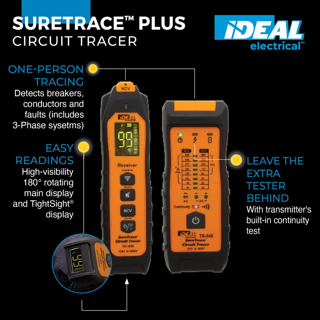 Ideal Electrical SureTrace Plus Circuit Tracer (61-948) 0-600 Volts AC/DC with Built-in Continuity Test and High-Visibility Displays — Find Breakers, Fuses, Wires, Dead Shorts, and Splice Errors