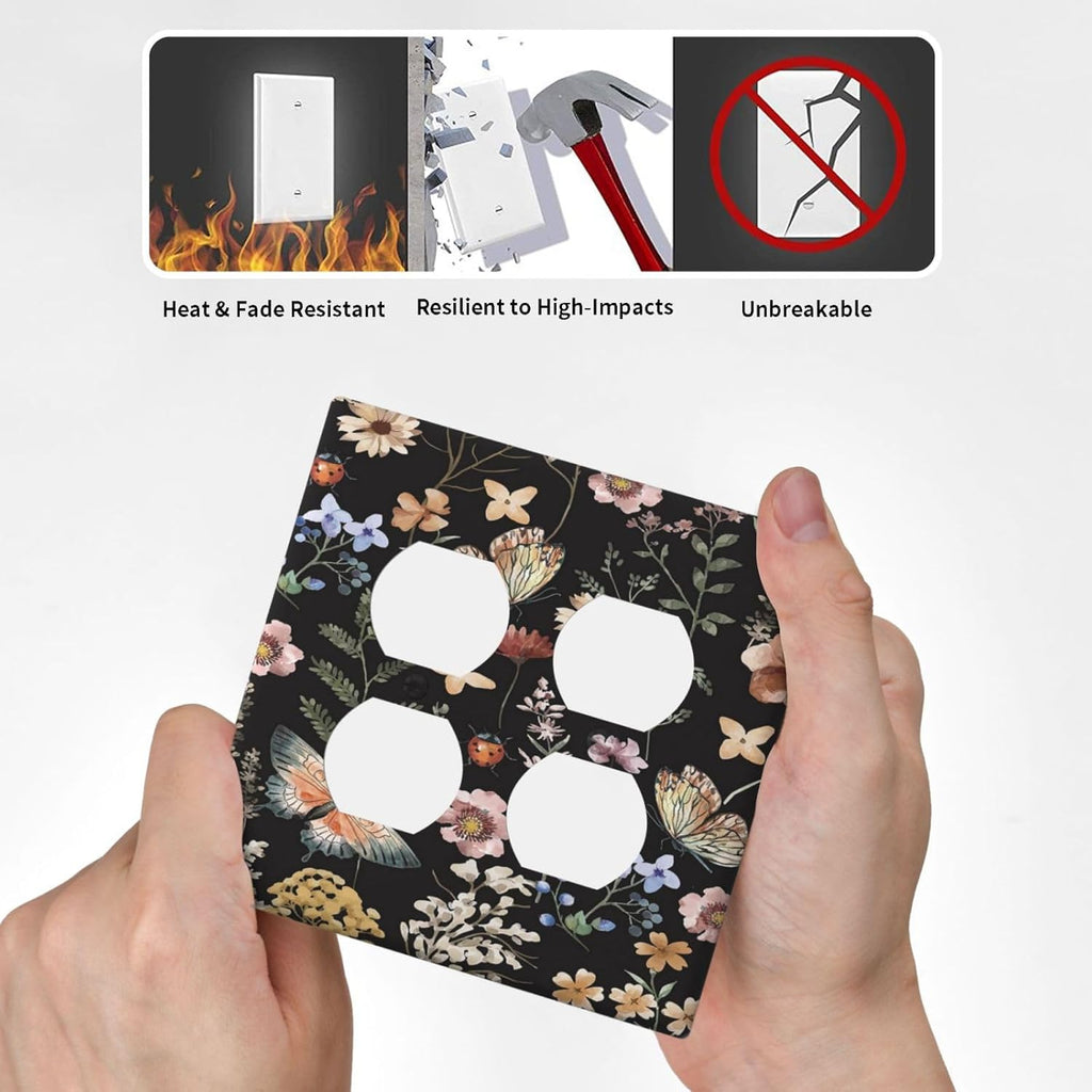 Decorative Outlet Covers Rustic Black Butterfly Flowers Leaves 2 Gang Wall Plate Cover Double Duplex Receptacle Two Switch Light Switch Cover Plate Jumbo Dual Faceplate for Home Decor