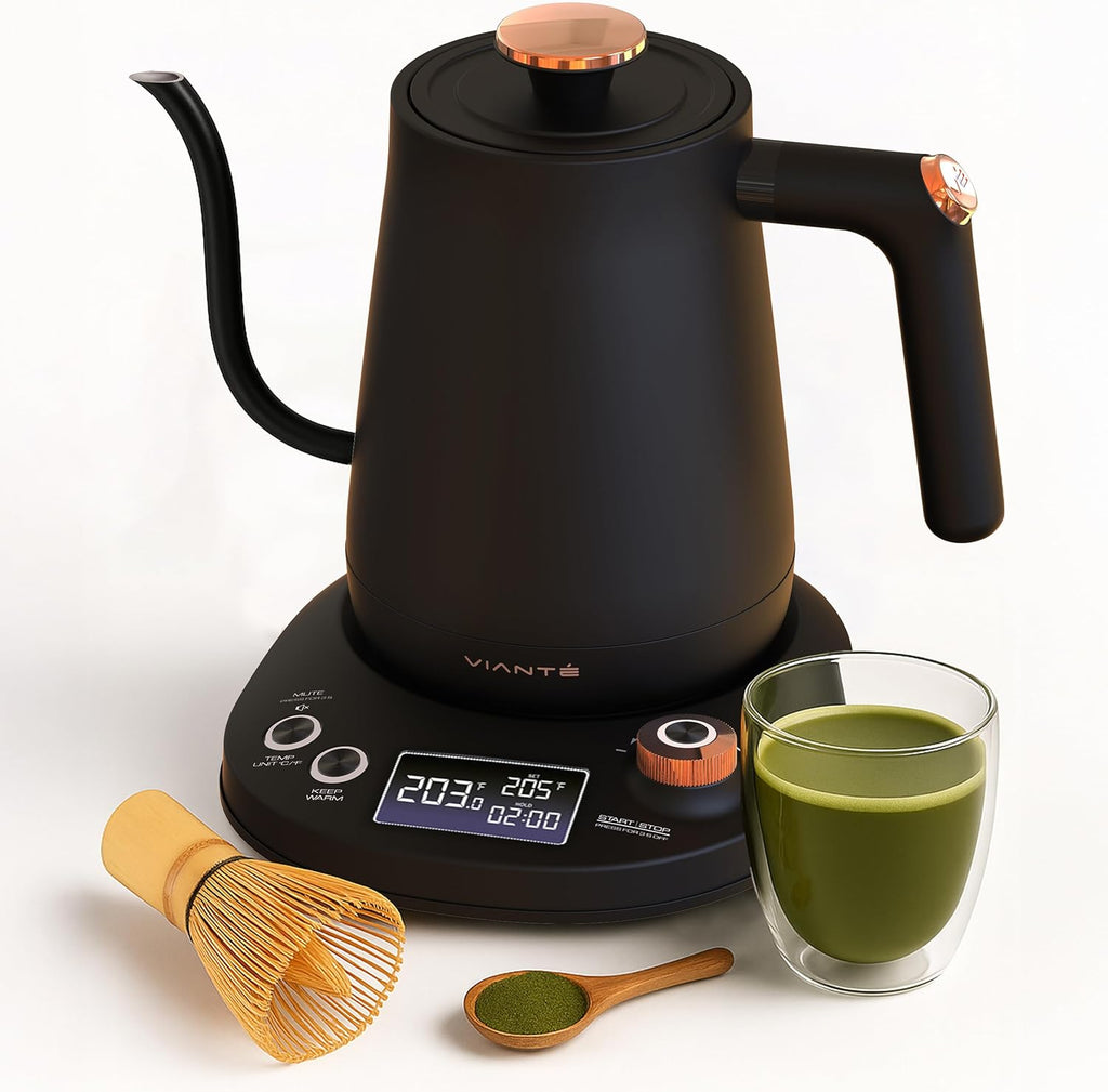 Vianté Electric Gooseneck Kettle with Precise Temperature Control. Pour Over Coffee & Tea Kettle. Boil-Dry Protection & Keep Warm Function. Stainless Steel, BPA-Free. Includes V60#2 Filters. 0.8L