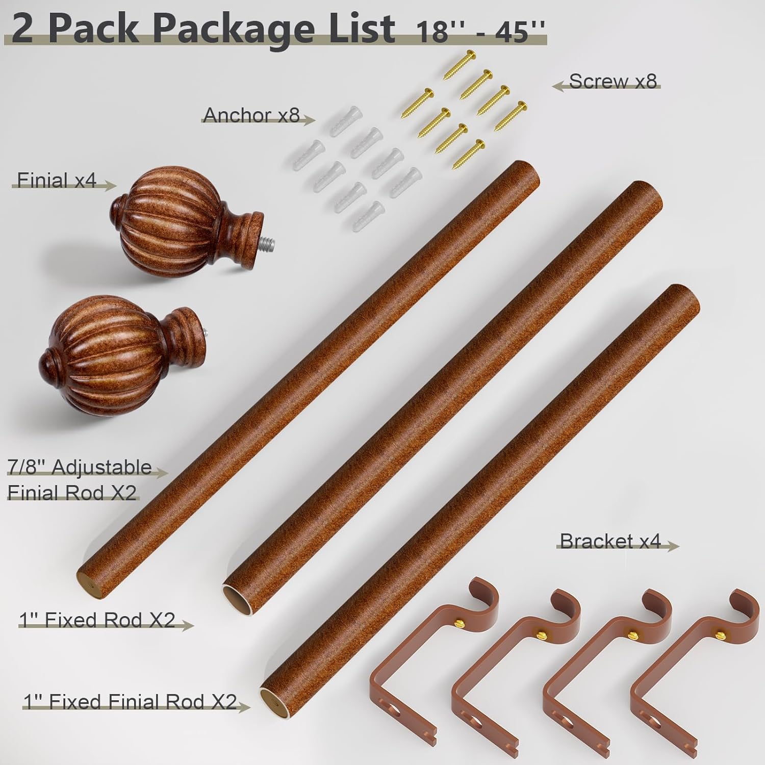 2 Pack Dark Brown Wood Curtain Rods for Windows 28 to 48 Inch, 1'' Adjustable Heavy Duty Curtain Rod，Vintage Imitation Wood Decorative Drapery Rods with Pumpkin Finials for Bedroom Living Room