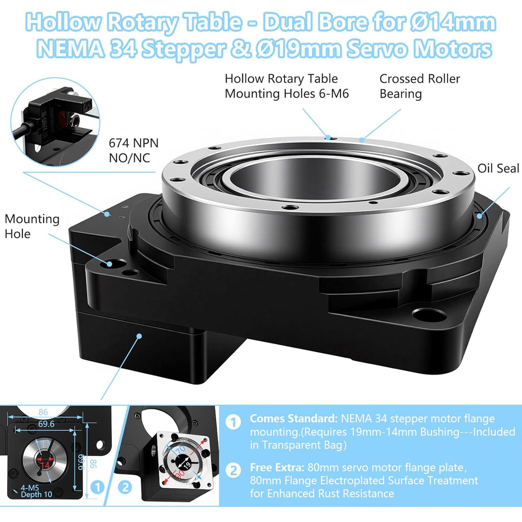 Hollow Rotary Platform Positioner Actuator High Accuracy 360 Degree Electric Indexing Table Rotating Table for NEMA34 Stepper Motor / 80mm Servo Motor Replace DD Motor Cam Indexer