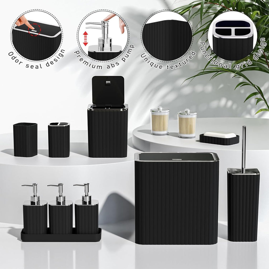 Bathroom Accessory Set - Bathroom Set, 12PC Bathroom Accessories Set, Black Bathroom Accessories Set, Mini Trash Can, Toilet Brush, Trash Can & Soap Dispenser