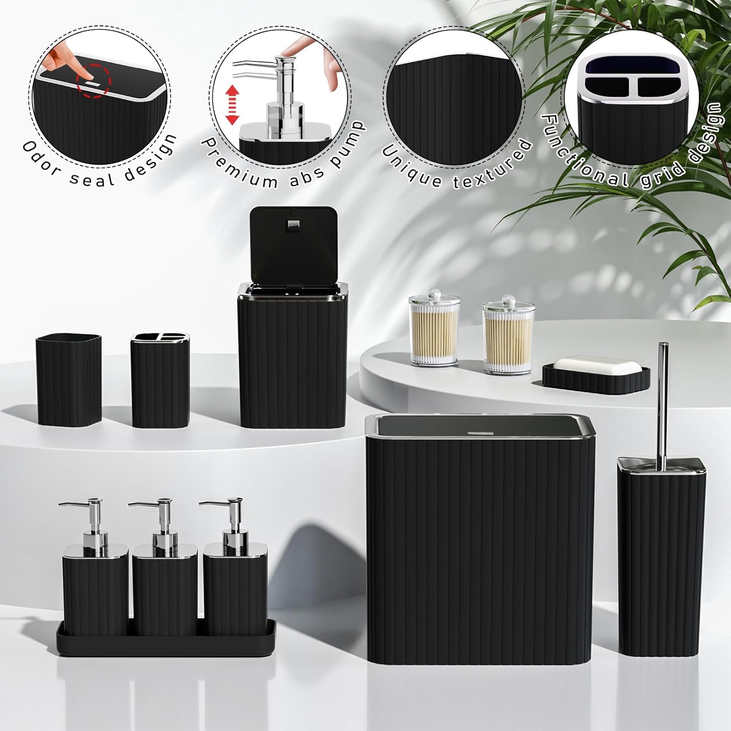 Bathroom Accessory Set - Bathroom Set, 12PC Bathroom Accessories Set, Black Bathroom Accessories Set, Mini Trash Can, Toilet Brush, Trash Can & Soap Dispenser
