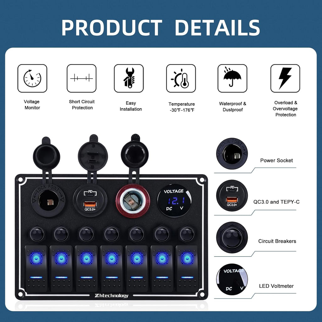 7 Gang Marine Boat Switch Panel with Dual USB Charger & Voltmeter, Waterproof Aluminum Rocker Switch Panel for Marine Automotive Truck RV Trailer with Lighter Socket Press Protector, 12/24V Black