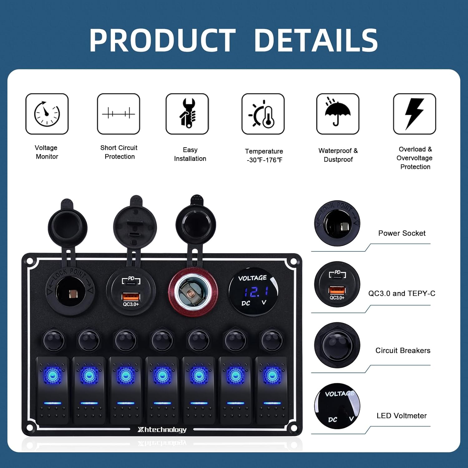 7 Gang Marine Boat Switch Panel with Dual USB Charger & Voltmeter, Waterproof Aluminum Rocker Switch Panel for Marine Automotive Truck RV Trailer with Lighter Socket Press Protector, 12/24V Black