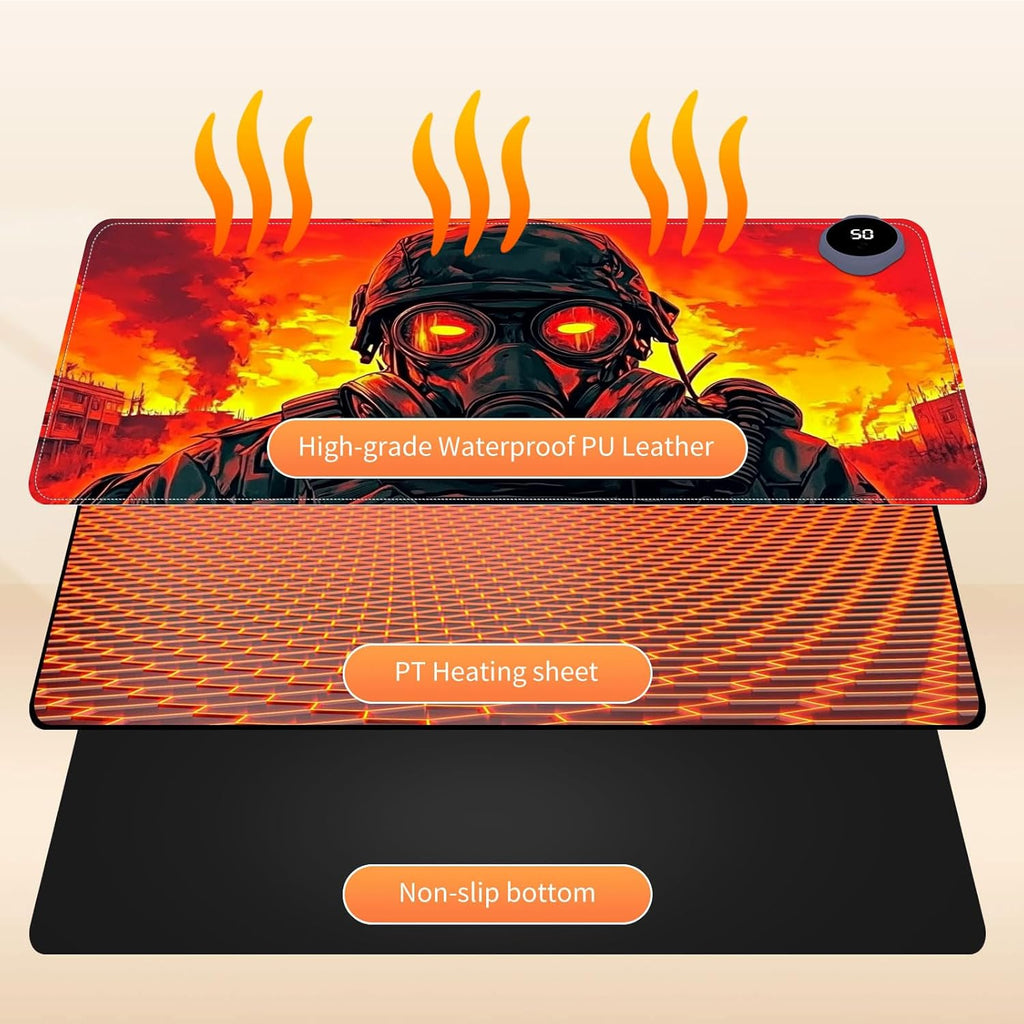 Heated Mouse Pad for Desk 31.5" x 13" – PU Leather Warm Desk Pad with 3 Heat Levels (104°F/113°F/122°F), Plug-in Electric Heating Mat with Auto Shut-Off, Waterproof & Rollable, Mask Soldier