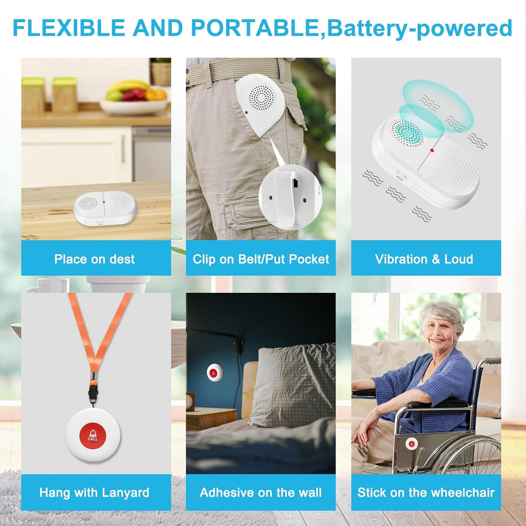 CallToU Wireless Caregiver Pager Call Button for Hard of Hearing Waterproof 500+ FT Nurse Alert System Elderly Monitoring Patient/Seniors 3 Panic Button 1 Plug-in 1 Vibration Receiver