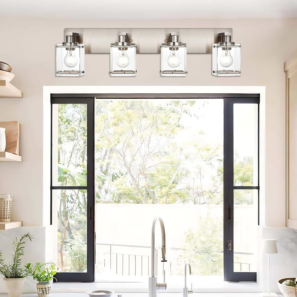 4-Lights Bathroom Vanity Light Fixtures in Brushed Nickel, E26 Socket Wall Sconce Lighting Fixtures with Clear Glass Shades for Over Mirror Bedroom Living Room Cabinet