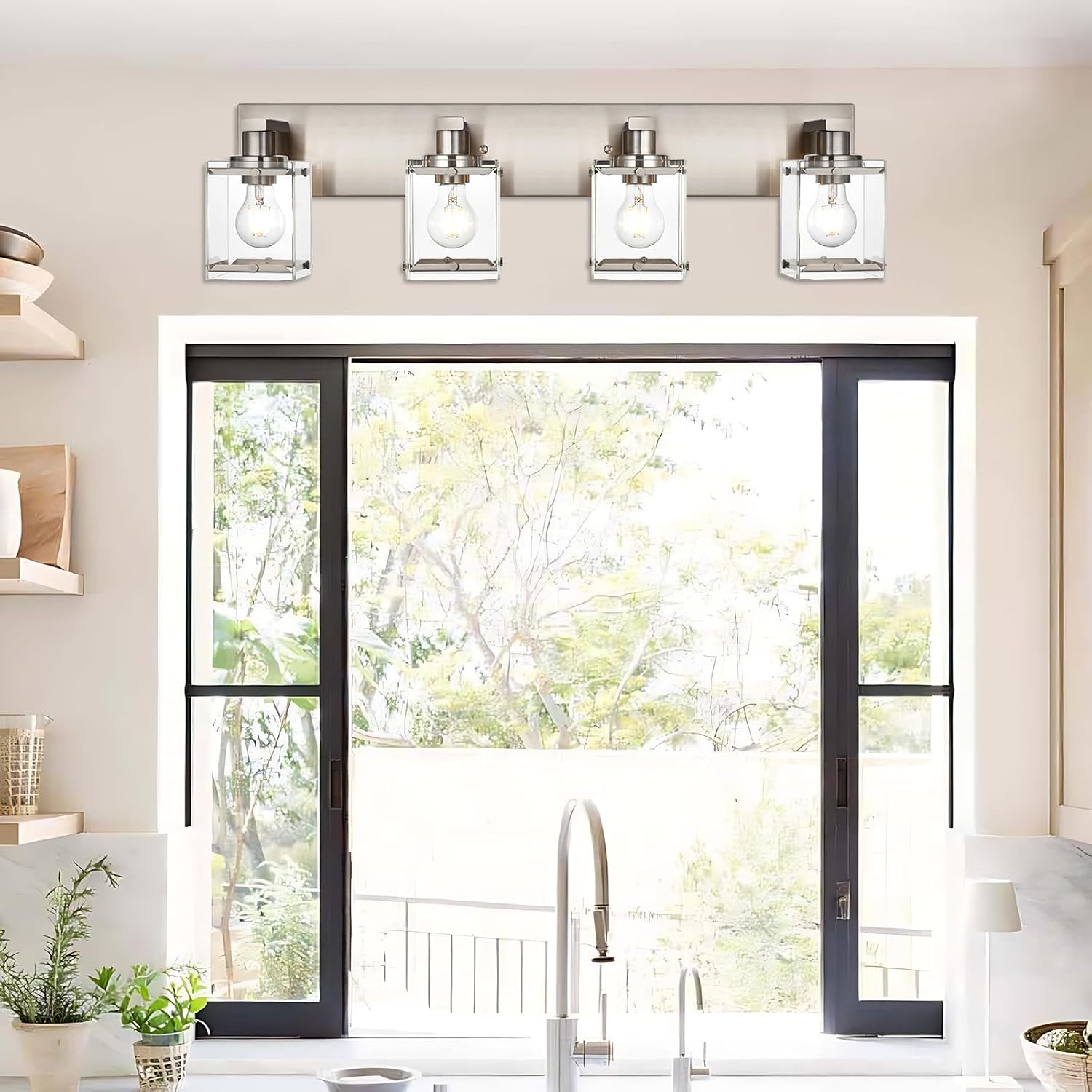 4-Lights Bathroom Vanity Light Fixtures in Brushed Nickel, E26 Socket Wall Sconce Lighting Fixtures with Clear Glass Shades for Over Mirror Bedroom Living Room Cabinet