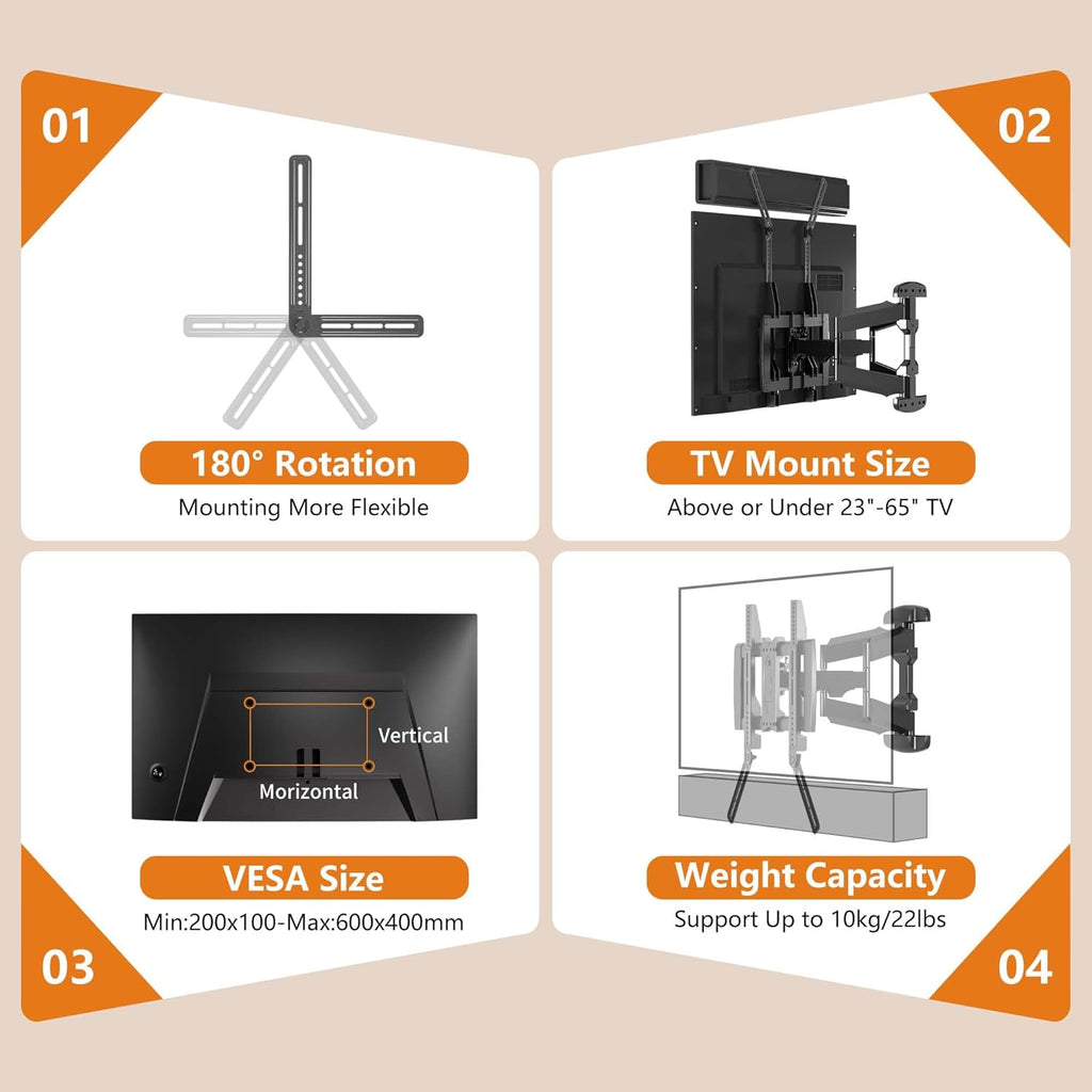 Universal Sound Bar Mounts Fits Most 23 to 65 Inch TVs Soundbar TV Mount Bracket Above or Under TV, up to 22 lbs SBR302