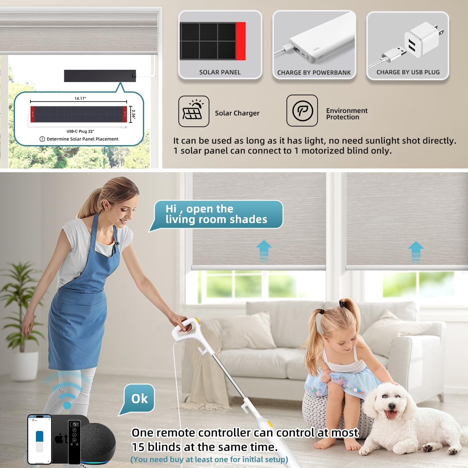 SmartWings Motorized 100% Blackout Shades Blinds, Custom Size, Cordless Window Shades with Rechargeable Battery, Work with Matter/Apple HomeKit, Alexa, Thread/Zigbee, Remote Optional, Essential Cream