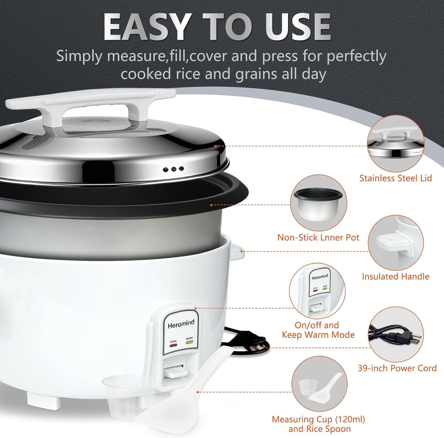 Commercial Rice Cooker, 46-Cup Rice Cooker, 9Qt / 10 L Large Rice Cooker with Nonstick Inner Pot, Fast Cooking and Auto Keep Warm, with Rice Cup and Paddle, Easy to Clean, 1600W