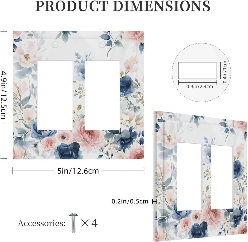 Elegant Watercolor Pink Blue Flowers Floral Outlet Covers Light Switch Cover Plate 2 Gang Double Rocker Wall Plates Decorative Switch Plates Plug Cover Electrical GFCI Receptacle for Home 4.9 X 5 IN