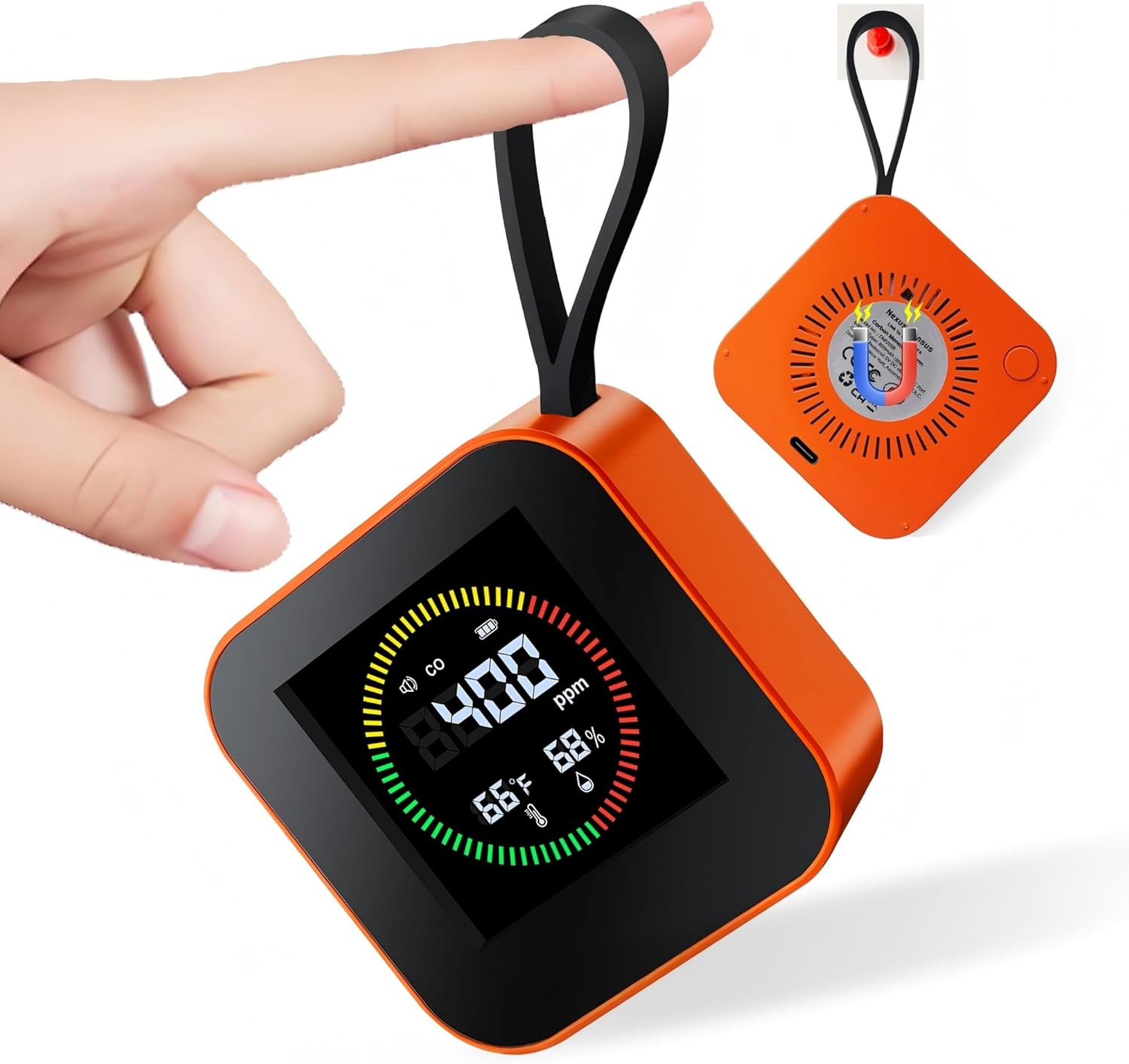 3-in-1 Portable Carbon Monoxide Detector for Travel – UL-Compliant CO Alarm with Temperature and Humidity Monitor, USB-C Rechargeable for RV, Hotel, Camping (1, Orange)